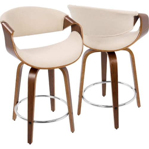 Curvini 24" Counter Stool in Cream Fabric & Walnut Finish Wood (Set of 2)